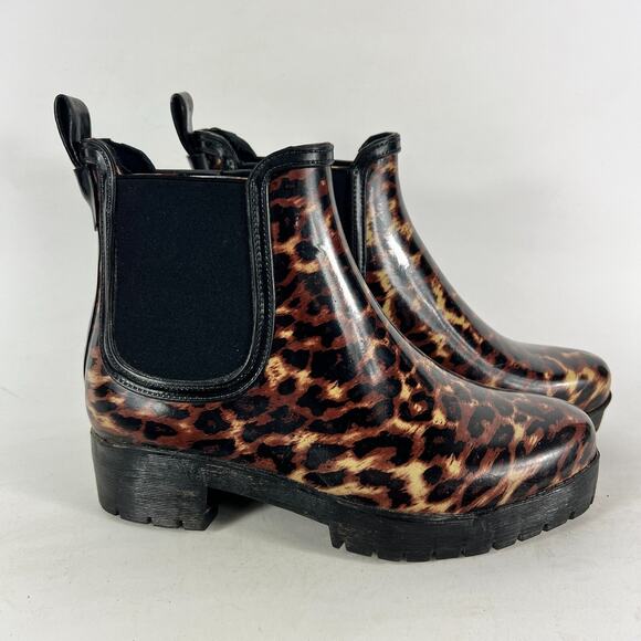 Jeffrey Campbell Chelsea Rain Boots Womens 8 Brown Black Leopard Print Pull On - Picture 2 of 10